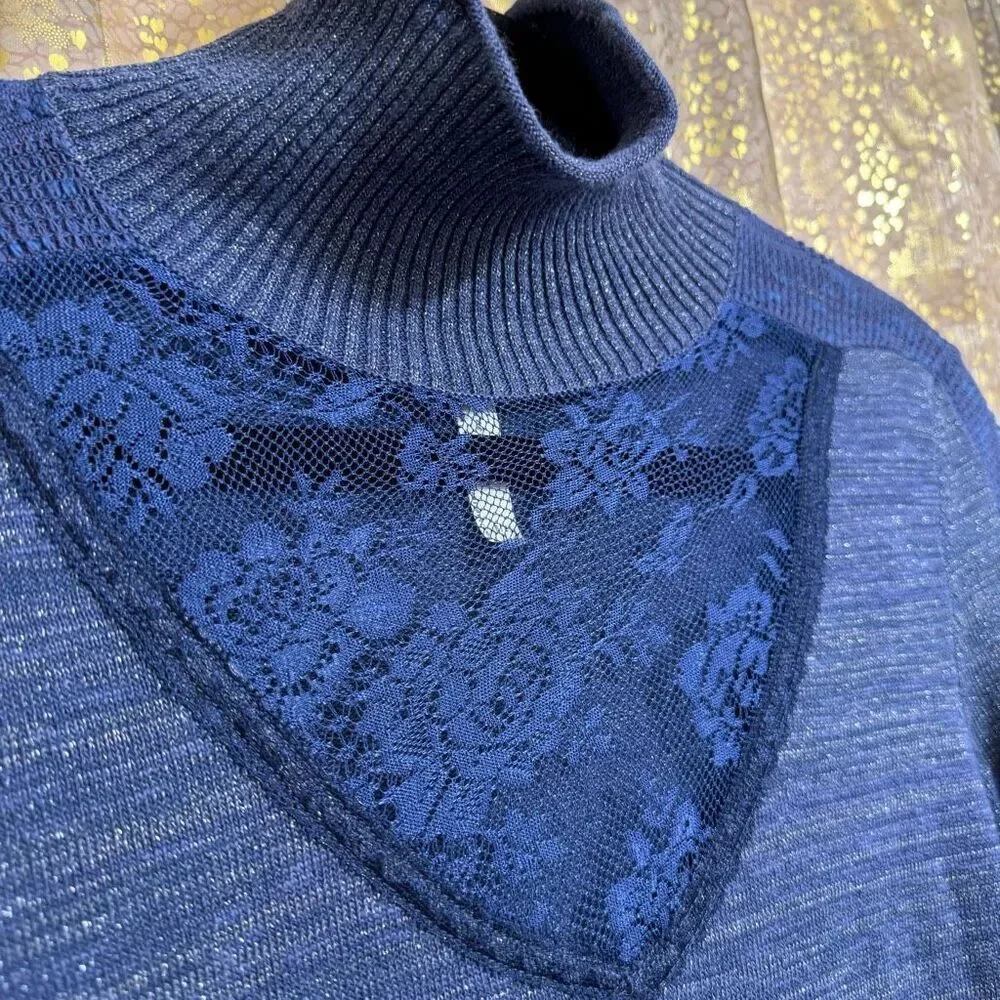 Free‎ People Navy Blue Metallic Lace Inset Turtleneck Sweater Small